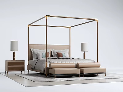 Modern Elegant Double Bed With Golden Four Poster Frame Upholstered Headboard Bedside Tables And Footstool 3d model