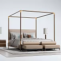 Modern Elegant Double Bed With Golden Four Poster Frame Upholstered Headboard Bedside Tables And Footstool