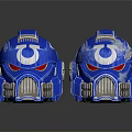Two Blue Mechanical Helmets With White Logo Red Details On Black Background 3d model