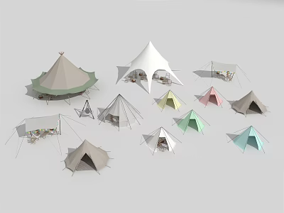 Colorful Tents in Various Styles Including Pyramid and Dome for Outdoor Camping 3d model