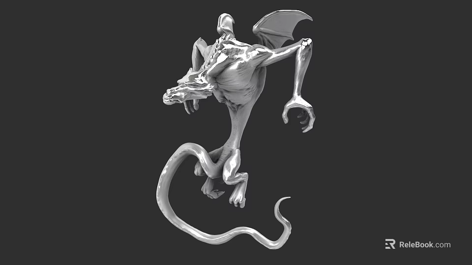 Silver Reptile 3D Model With Wings Long Tail And Claws In Dynamic Pose 3d model 