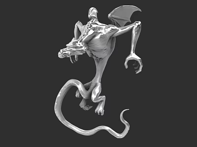 Silver Reptile 3D Model With Wings Long Tail And Claws In Dynamic Pose 3d model