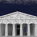 Classical Garden Landscape With Ancient White Stone Building And Ornate Columns Carvings