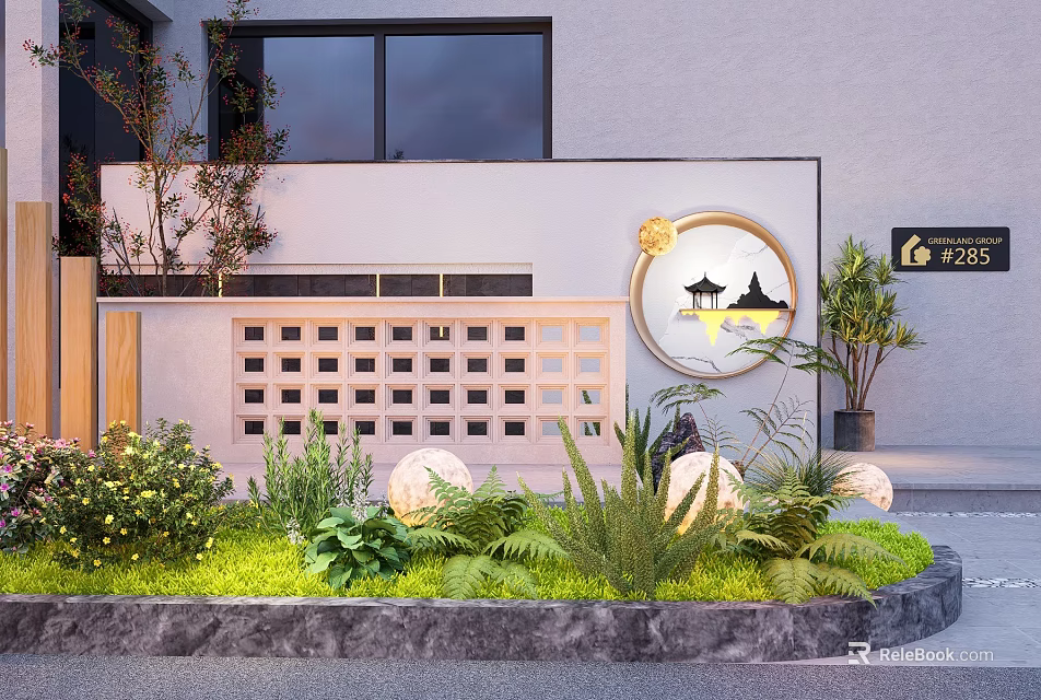 Feature Wall With Circular Decorative Panel Lattice Design Surrounded By Green Plants Lawn And Lighting 3d model 