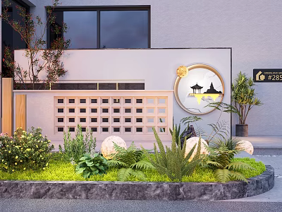 Feature Wall With Circular Decorative Panel Lattice Design Surrounded By Green Plants Lawn And Lighting 3d model