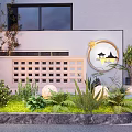 Feature Wall With Circular Decorative Panel Lattice Design Surrounded By Green Plants Lawn And Lighting
