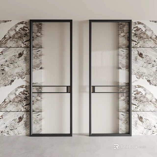 Modern Sliding Doors with Black Frames Clear and Frosted Glass and Marble Textured Wall 3d model 