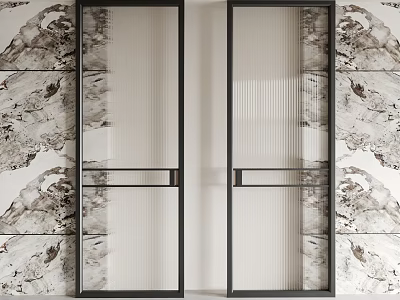 Modern Sliding Doors with Black Frames Clear and Frosted Glass and Marble Textured Wall 3d model