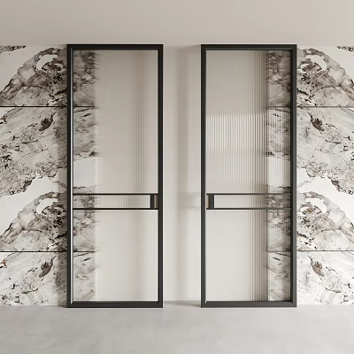 Modern Sliding Doors with Black Frames Clear and Frosted Glass and Marble Textured Wall 3d model