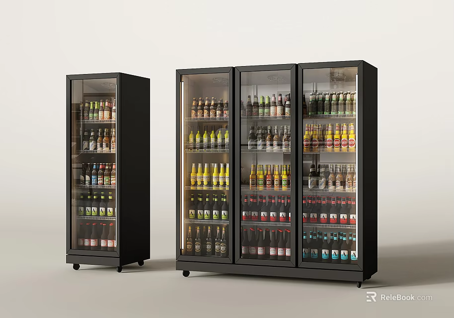 Modern Black Glass Door Commercial Display Refrigerators Filled with Assorted Bottled Beverages 3d model 
