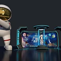 Space Themed Exhibition Booth with Astronaut Model Transparent Display and Background Screens with Planet Elements