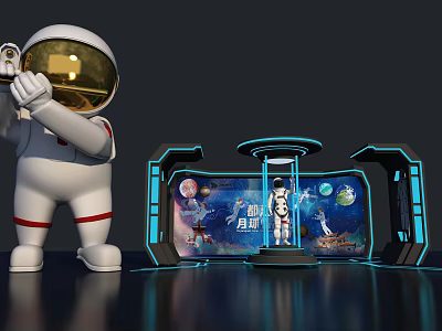 Space Themed Exhibition Booth with Astronaut Model Transparent Display and Background Screens with Planet Elements 3d model