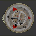 Intricate Mechanical Device With Metal Rings Gears And Red Triangular Markers On Circular Base 3d model
