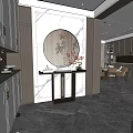 Chinese Modern Entryway Interior With White Cabinets Round Artwork Marble Wall Console Table Plant Vase