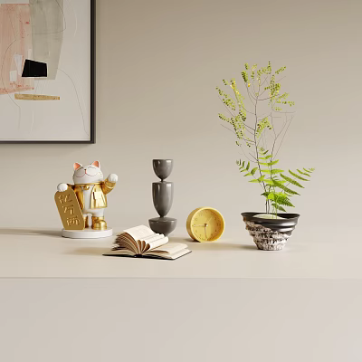 Decorative Ornament Set With Golden Lucky Cat Grey Stack Ornament Yellow Clock Open Book And Green Fern 3d model