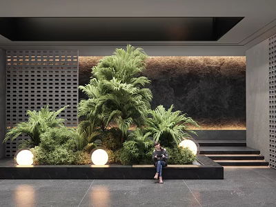 Indoor Landscape With Lush Green Plants Round Lights Dark Background And Lattice Wall 3d model
