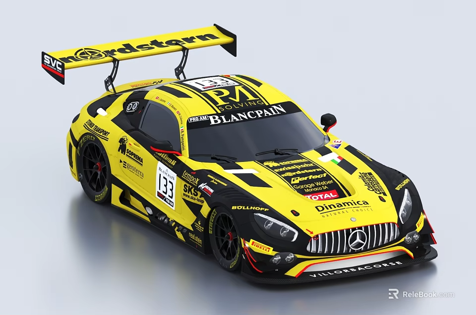 Yellow and Black Mercedes Racing Car with Blancpain Sponsorship and Aerodynamic Spoiler 3d model 