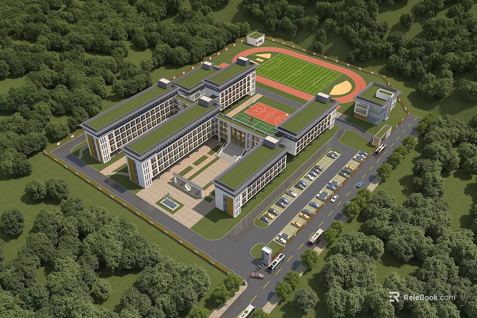 Modern School Building Campus Design With Green Roofs Sports Field Parking Lot and Trees 3d model 