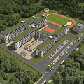 Modern School Building Campus Design With Green Roofs Sports Field Parking Lot and Trees