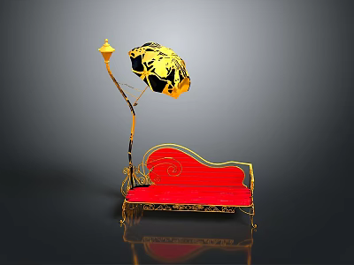 Elegant Red Sofa With Golden Frame And Gold Floor Lamp With Black Shade Design 3d model