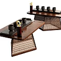 Modern Wooden Top Tea Tables With Teacups And Woven Rattan Legs
