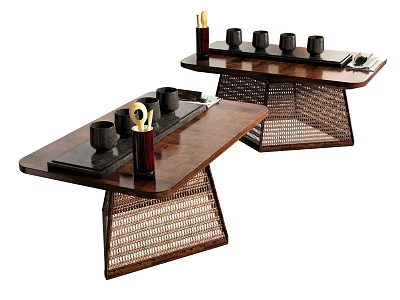 Modern Wooden Top Tea Tables With Teacups And Woven Rattan Legs 3d model