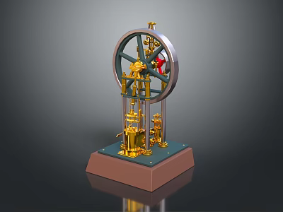 Vintage Mechanical Steam Engine Model With Golden Parts Black Wheel And Red Details 3d model