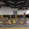 Indoor Kids Play Space With Colorful Equipment Arch Blocks And Yellow Black Floor Patterns