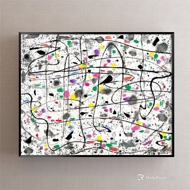 Abstract Art Painting With Colorful Dots Lines And Black Frame On White Background 3d model 