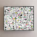 Abstract Art Painting With Colorful Dots Lines And Black Frame On White Background