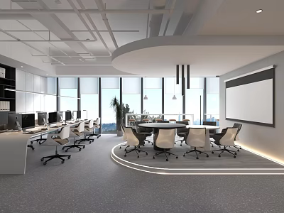 Modern Office Interior Design With Open Workspace Meeting Table And Large Windows 3d model