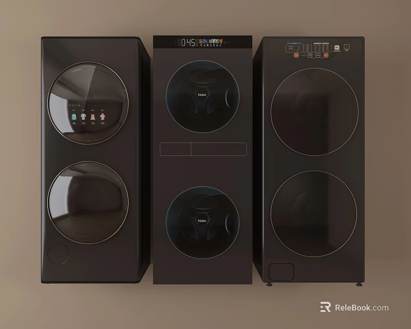 Three Modern Black Front Loading Washing Machines With Sleek Circular Design 3d model