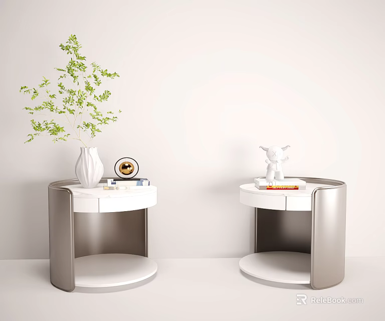 Modern White And Silver Nightstands With Green Plant Vase Decorative Items And Books 3d model 