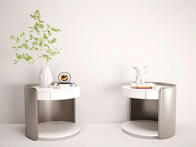 Modern White And Silver Nightstands With Green Plant Vase Decorative Items And Books 3d model