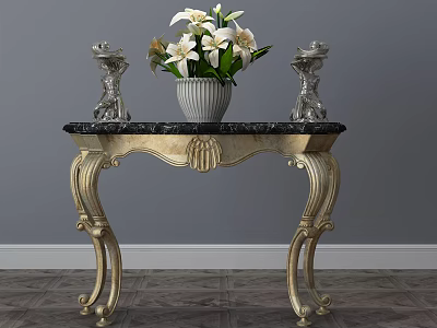 Elegant Console Table With Black Marble Top Gold Carved Legs White Flower Vase And Silver Candleholders 3d model