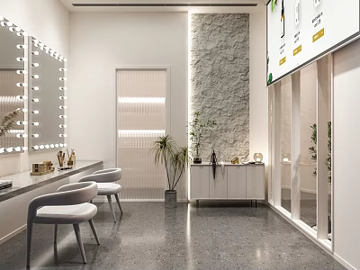 Elegant Beauty Salon Interior With Vanity Mirrors Comfortable White Chairs And Marble Wall Decor 3d model