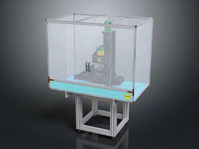 Industrial Equipment With Transparent Protective Enclosure On Blue Platform And White Stand 3d model