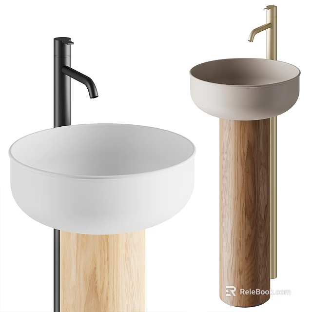 Modern Pedestal Washbasin Design Featuring White Light Gray Basins Wooden Pedestals and Black Gold Faucets 3d model 