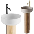 Modern Pedestal Washbasin Design Featuring White Light Gray Basins Wooden Pedestals and Black Gold Faucets