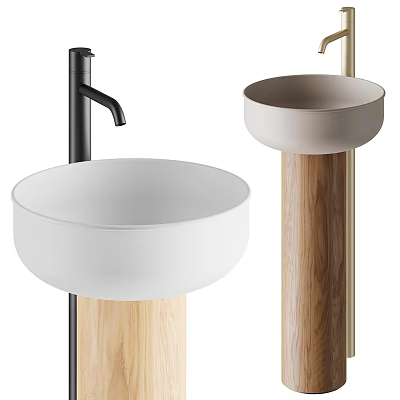 Modern Pedestal Washbasin Design Featuring White Light Gray Basins Wooden Pedestals and Black Gold Faucets 3d model