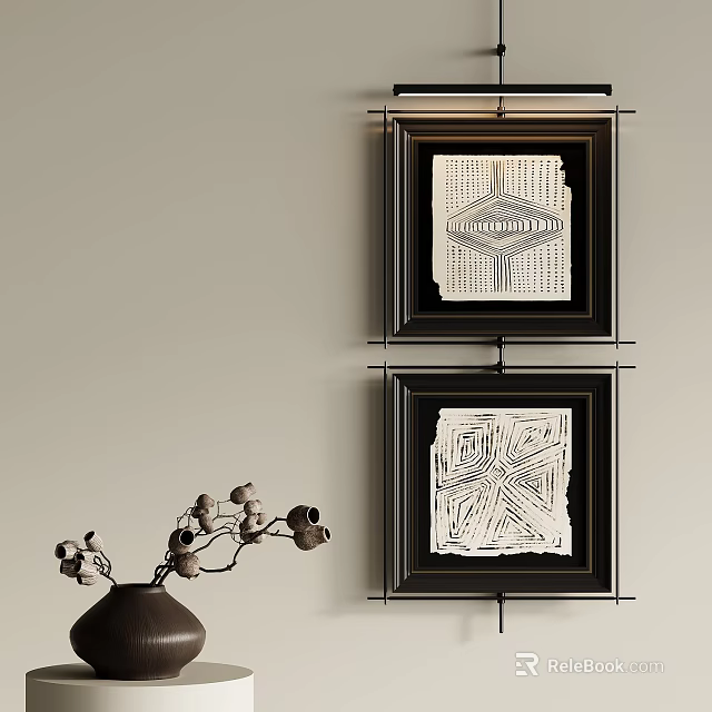 Black Framed Abstract Artworks On Wall With Dried Flower Vase Decor 3d model 