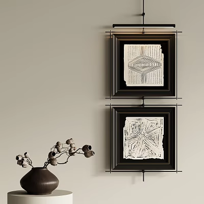 Black Framed Abstract Artworks On Wall With Dried Flower Vase Decor 3d model