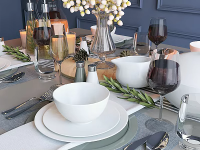 Elegant Dinnerware Set With White Bowls Plates Cutlery Wine Glasses And Olive Branch Decor 3d model