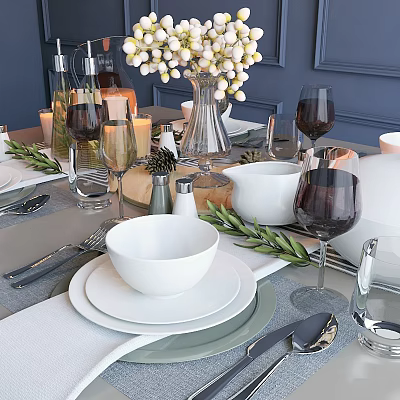 Elegant Dinnerware Set With White Bowls Plates Cutlery Wine Glasses And Olive Branch Decor 3d model
