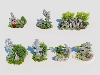Various Rockery And Green Plant Garden Landscape Decoration 3d model