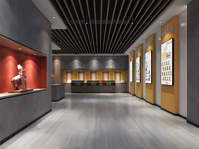 Art Exhibition Hall Interior With Red Display Case Stone Sculpture And Yellow Framed Paintings 3d model