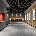 Art Exhibition Hall Interior With Red Display Case Stone Sculpture And Yellow Framed Paintings