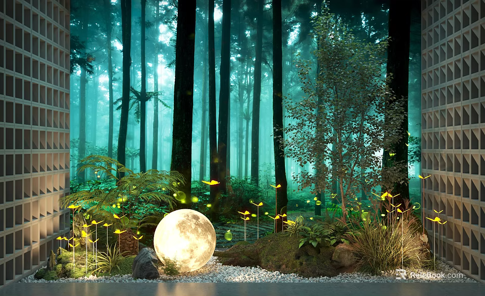 Misty Forest Garden Decor With Luminous Moon Butterflies Green Plants And Pebbles 3d model 