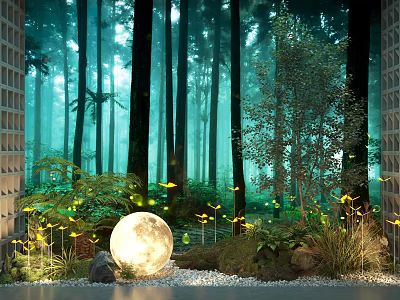 Misty Forest Garden Decor With Luminous Moon Butterflies Green Plants And Pebbles 3d model