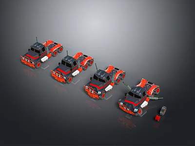 Four Red And Black Off Road Model Cars Arranged In A Row With Equipment 3d model